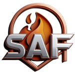 Logo of SAF featuring a flame symbol and stylized text in silver and orange colors.
